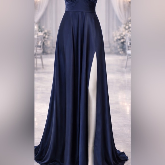 NWT Navy Blue Satin Maxi Dress Open Back Spaghetti Strap Sleeveless 12 - Picture 5 of 8